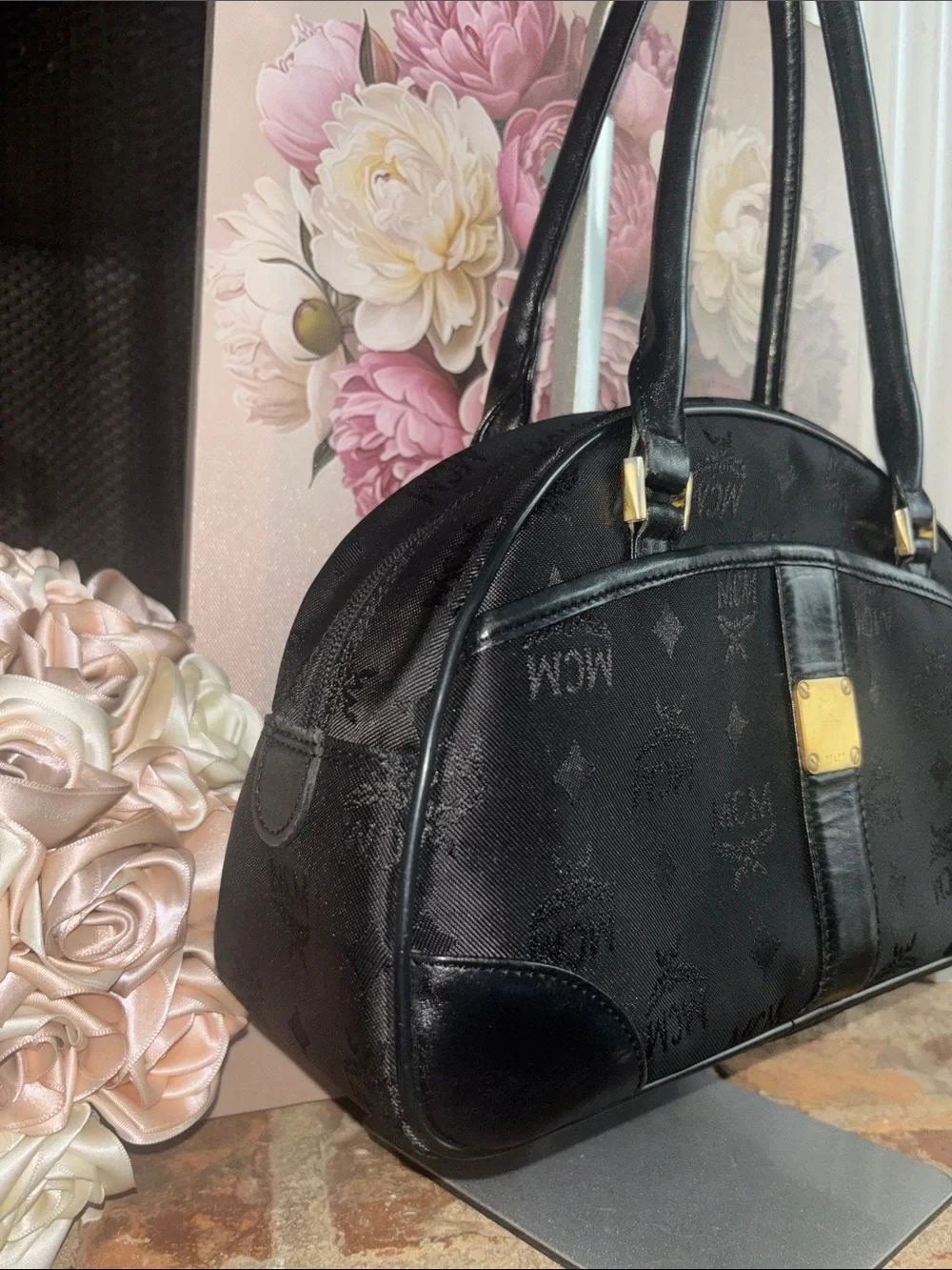 MCM Black Logo Dome Satchel with Gold Plaque